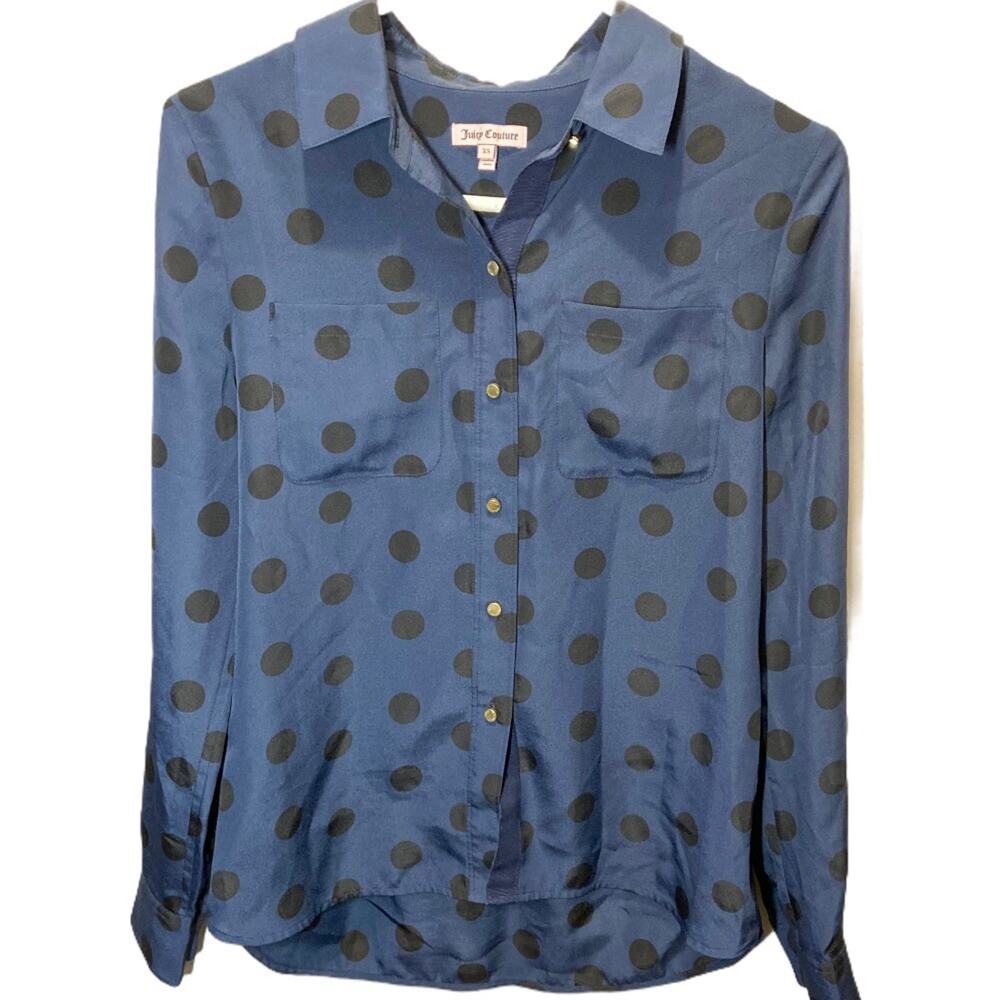 Juicy Couture Button Down Shirt Long Sleeve Polka Dot Navy Blue Black XSmall